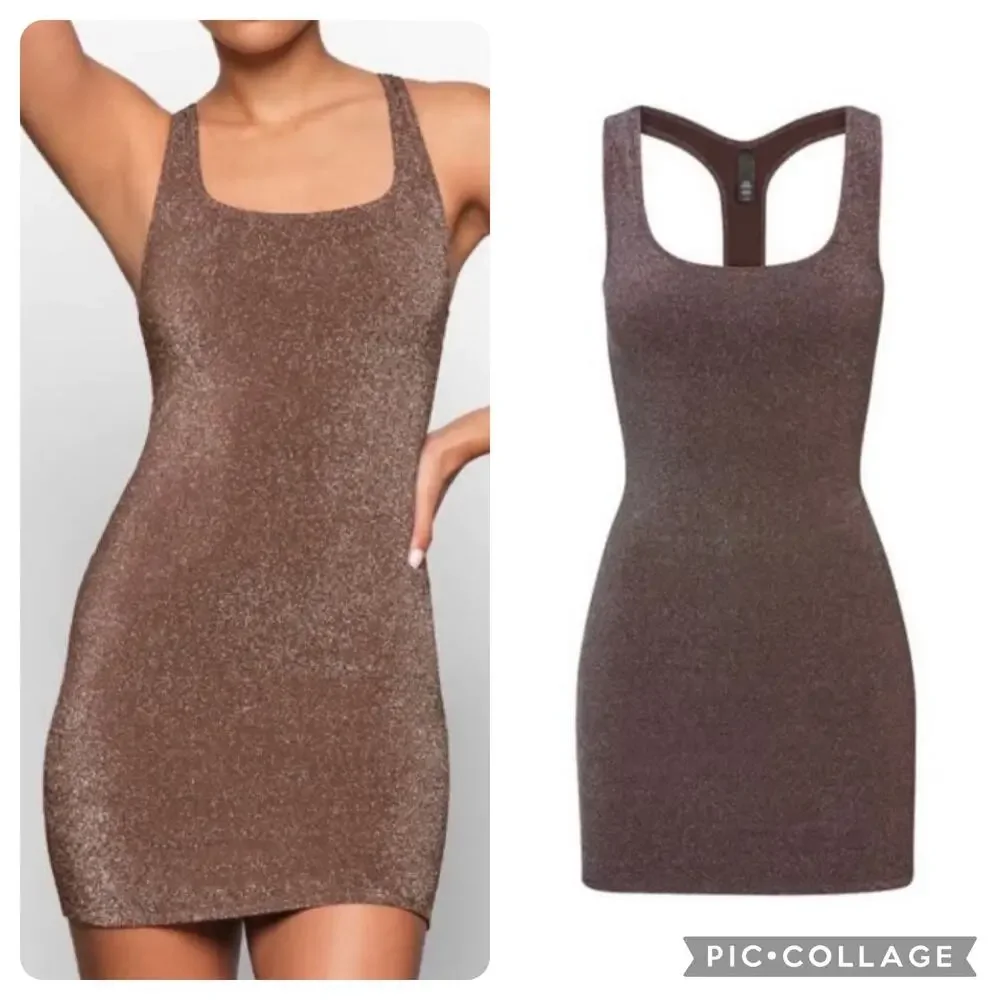 SKIMS Size 4X Glitter Swim Cover up Beach Pool Metallic Dress Jasper Brown New